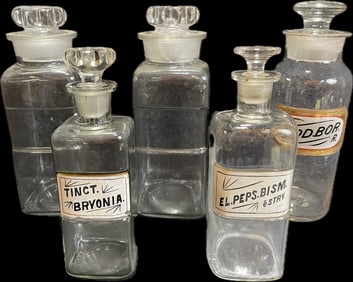 Lot 5 Early 1900s Reverse Painted Label Apothecary Jars