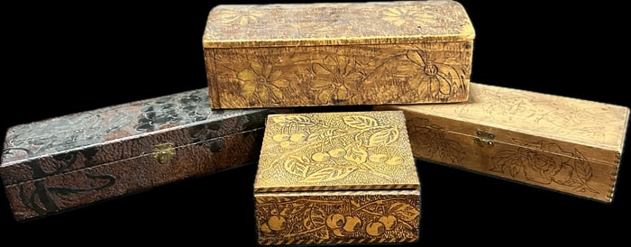 Lot 4 Early 1900s Pyrography Wooden Dresser Boxes
