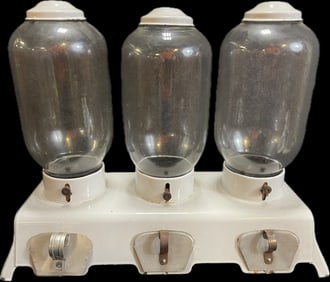 Early 1900s Porcelain Enamel Country Store 3 Jar Nut Dispenser