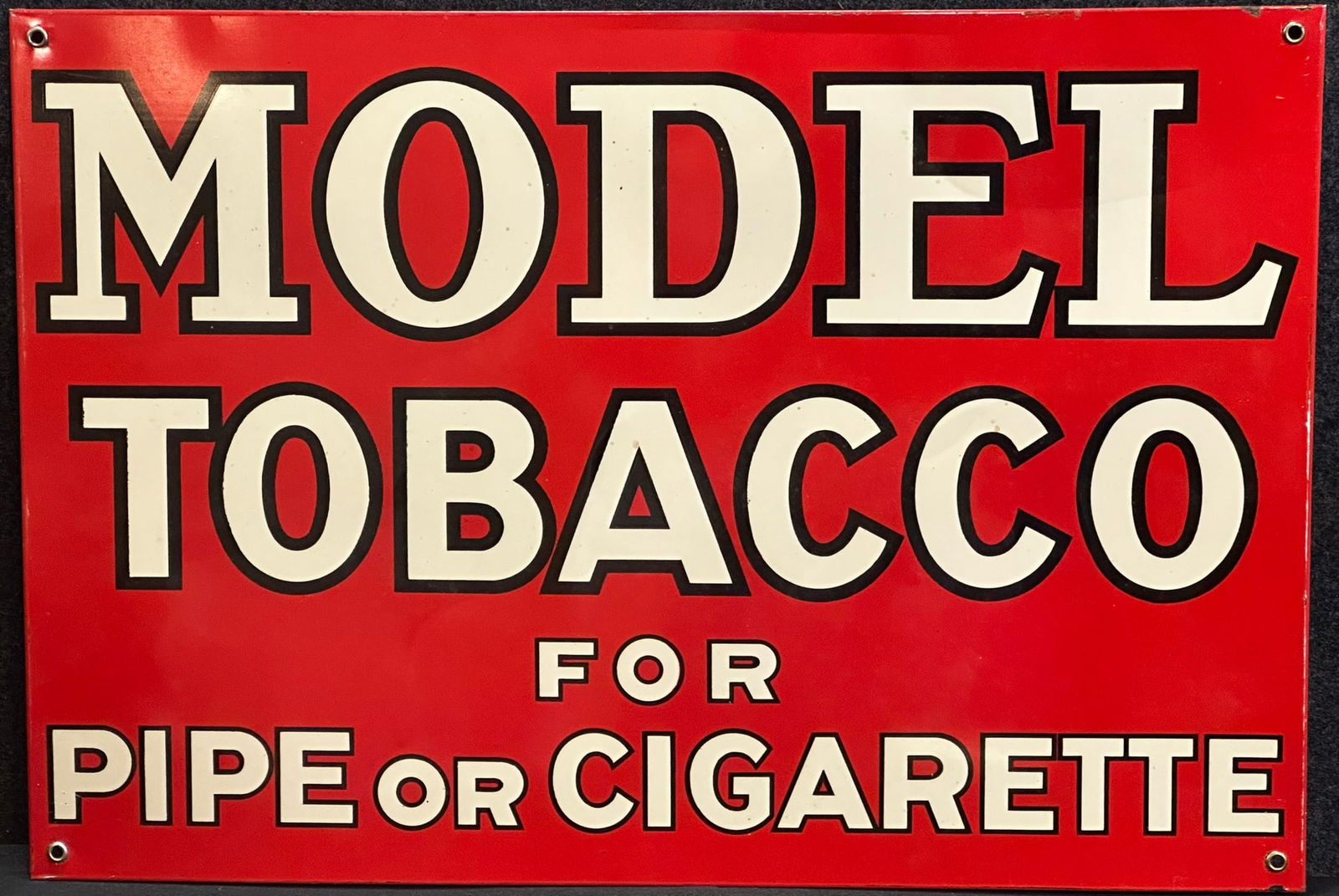 Model Tobacco For Pipe Or Cigarette Single Sided Painted Metal Advertising Sign: Circa 1930s-40s. 19" x 13" - grommets intact. Light edge wear.