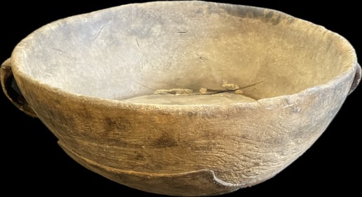 Incredible One Piece Mid 19th Century Dough Bowl w/ 2 Handles & Make Do Repairs