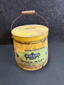 Original 1920s Plee-Zing 20Lb Mince Meat Yellow Painted Wooden Firkin Bucket w/ Paper Label