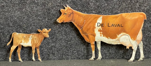 Pair Guernsey Delaval Cow & Calf Tin Litho Advertising Souvenir Signs