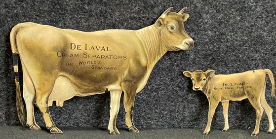 Pair Jersey Delaval Cow & Calf Tin Litho Advertising Souvenir Signs