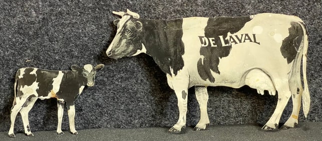Pair Holstein Delaval Cow & Calf Tin Litho Advertising Souvenir Signs