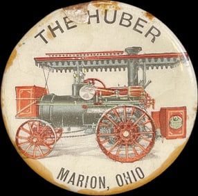 Antique Early 1900s The Huber Marion Ohio Steam Engine Celluloid Pinback Button