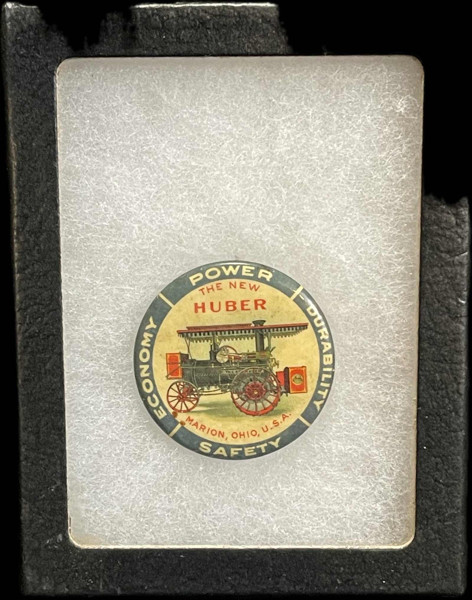 Antique Early 1900s The Huber Economy Power Durability Safety Steam Engine Pinback Button: 1.5" diameter - made by Whitehead & Hoag