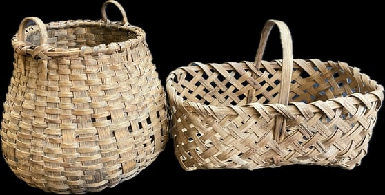 Pair Original 19th Century Wooden Woven Gathering Baskets