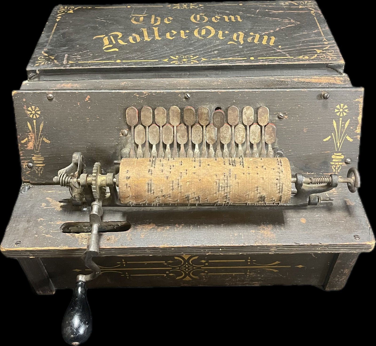 Early 1900s The Gem Roller Organ: Not working. Missing piece of wood on the right side as shown. Estate found condition. 14.5" x 12" x 8"