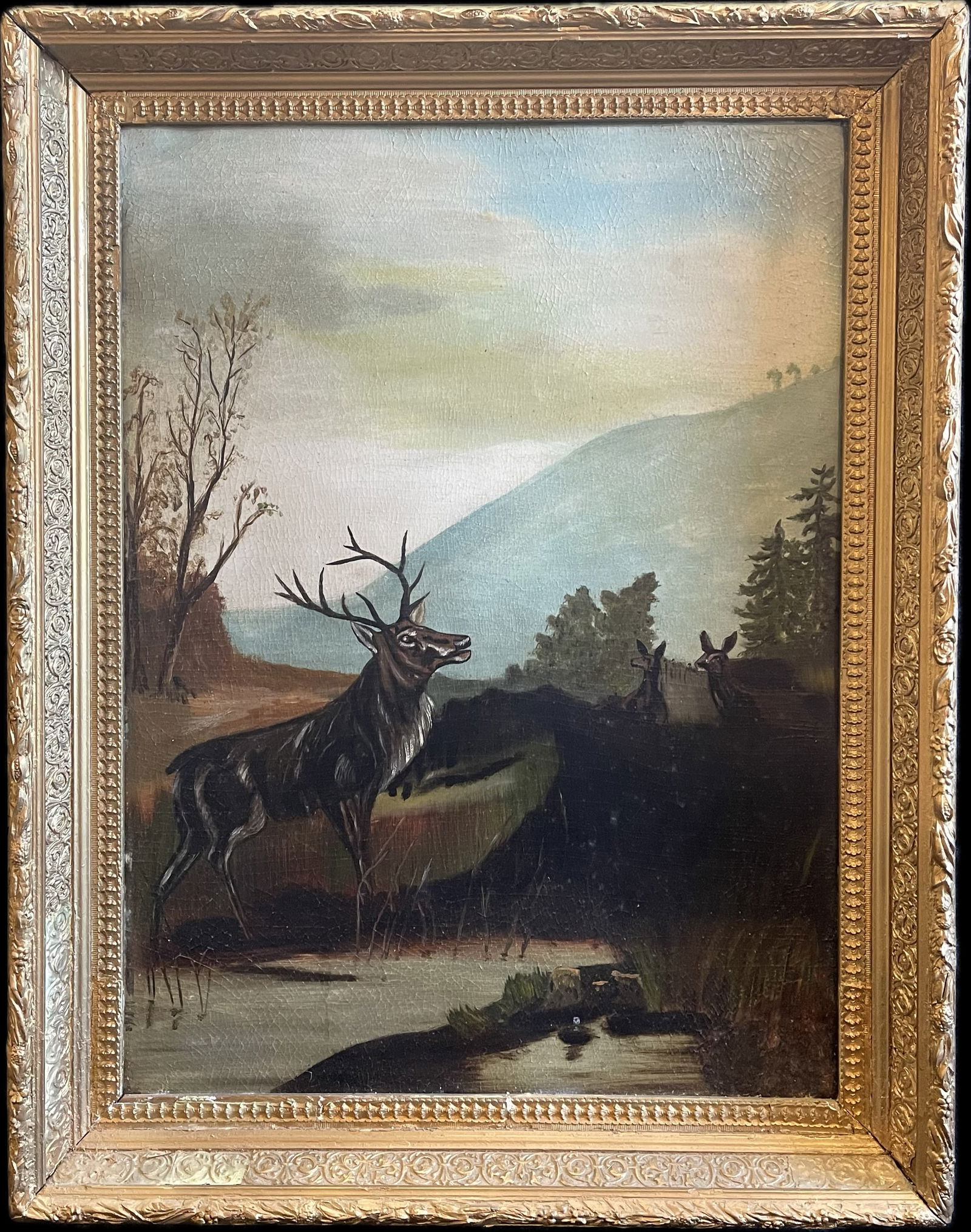 Incredible Original Framed 19th Century Elk Wilderness Mountain Painted Scene: 21.5" x 28" tall x 2.5" depth. Cleaned & restored in 1978 by Emmett S Wood Art Conservator. Madison Indiana.