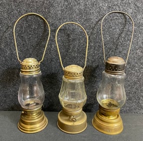 Early 1900s Lot 3 Clear Glass Brass Ice Skating Skating Lamps Lanterns