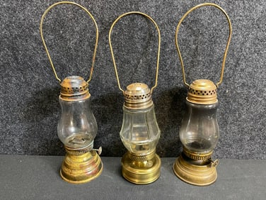 Early 1900s Lot 3 Clear Glass Brass Ice Skating Skating Lamps Lanterns Perko Wonder Junior