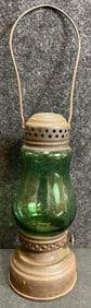 Antique Late 1800s Green Glass Jewel Stamped Ice Skating Skaters Lamp