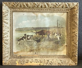 Antique Original Framed 1880s Victorian Hallen & Weiner At Bay Elk & Hunting Dogs Print