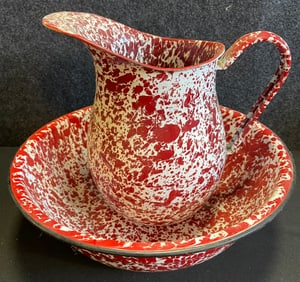 Enamel Ware Red White Splatter Swirl Metal Pitcher & Bowl