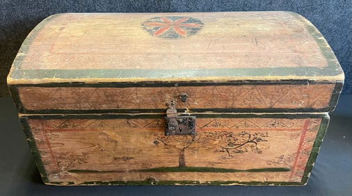 Incredible Mid 19th Century Hand Painted Folk Art Trunk w/ Tree Scene