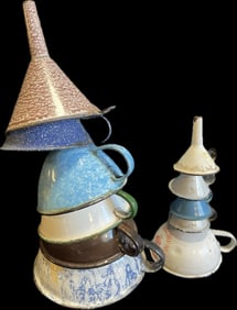 11 Piece Original Early 1900s Enamel Ware Funnels