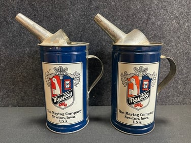 Near Mint Antique Pair High Grade Maytag Fuel Mixing Can w/ Pour Spout