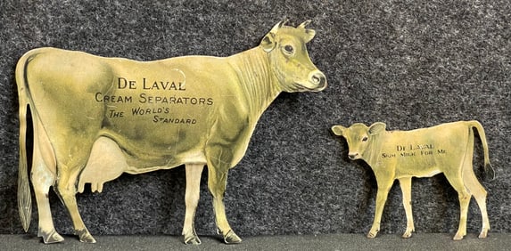 Pair Jersey Delaval Cow & Calf Tin Litho Advertising Souvenir Signs