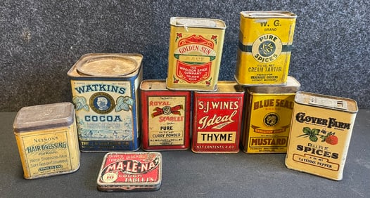 9 Piece Spice Tin & Advertising Cans Lot