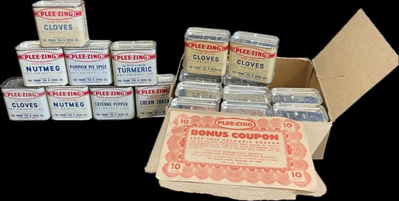 Lot 20 Plee-Zing Spice Tins (17) New Old Stock w/ Original Clove Case