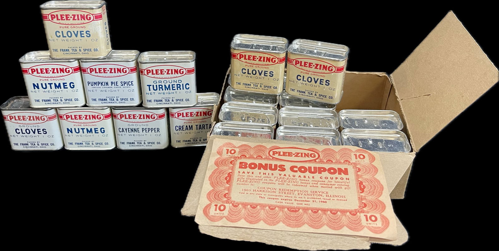 Lot 20 Plee-Zing Spice Tins (17) New Old Stock w/ Original Clove Case (1 of 8)