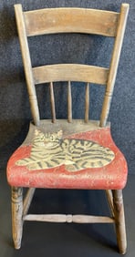 Antique Early 1900s Wooden Chair w/ 1998 Carved Cat by Sprengelmeyer