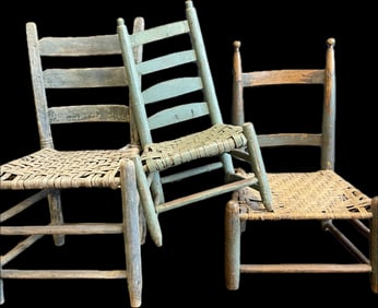 Lot 3 Original Late 19th Century Blue Milk Painted Woven Primitive Chairs