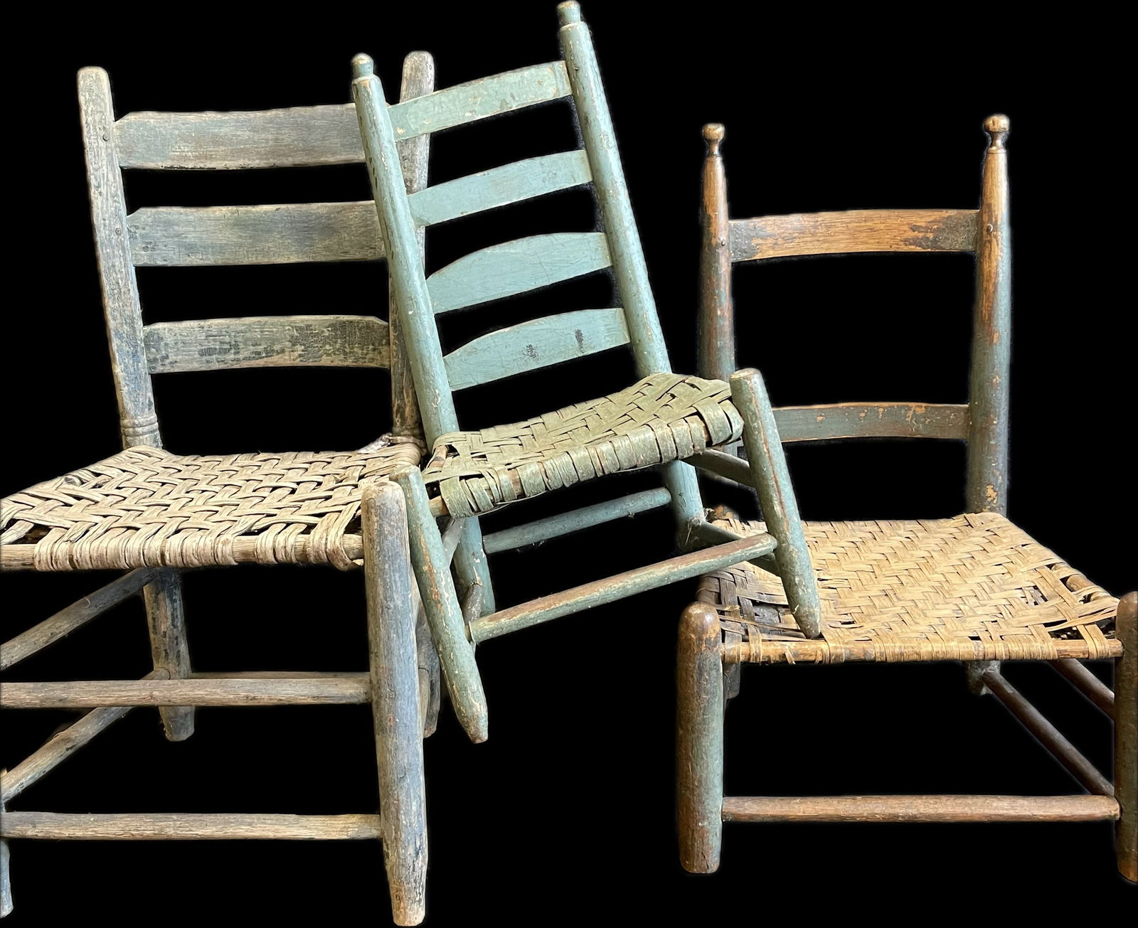 Lot 3 Original Late 19th Century Blue Milk Painted Woven Primitive Chairs (1 of 8)