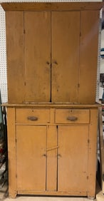 Antique Late 1800s 2 Door 2 Piece Primitive Pumpkin Painted Jelly Cupboard