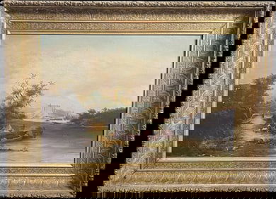 Antique Original 1800s Oil On Canvas Framed River Scene w/ Castle & Mountains