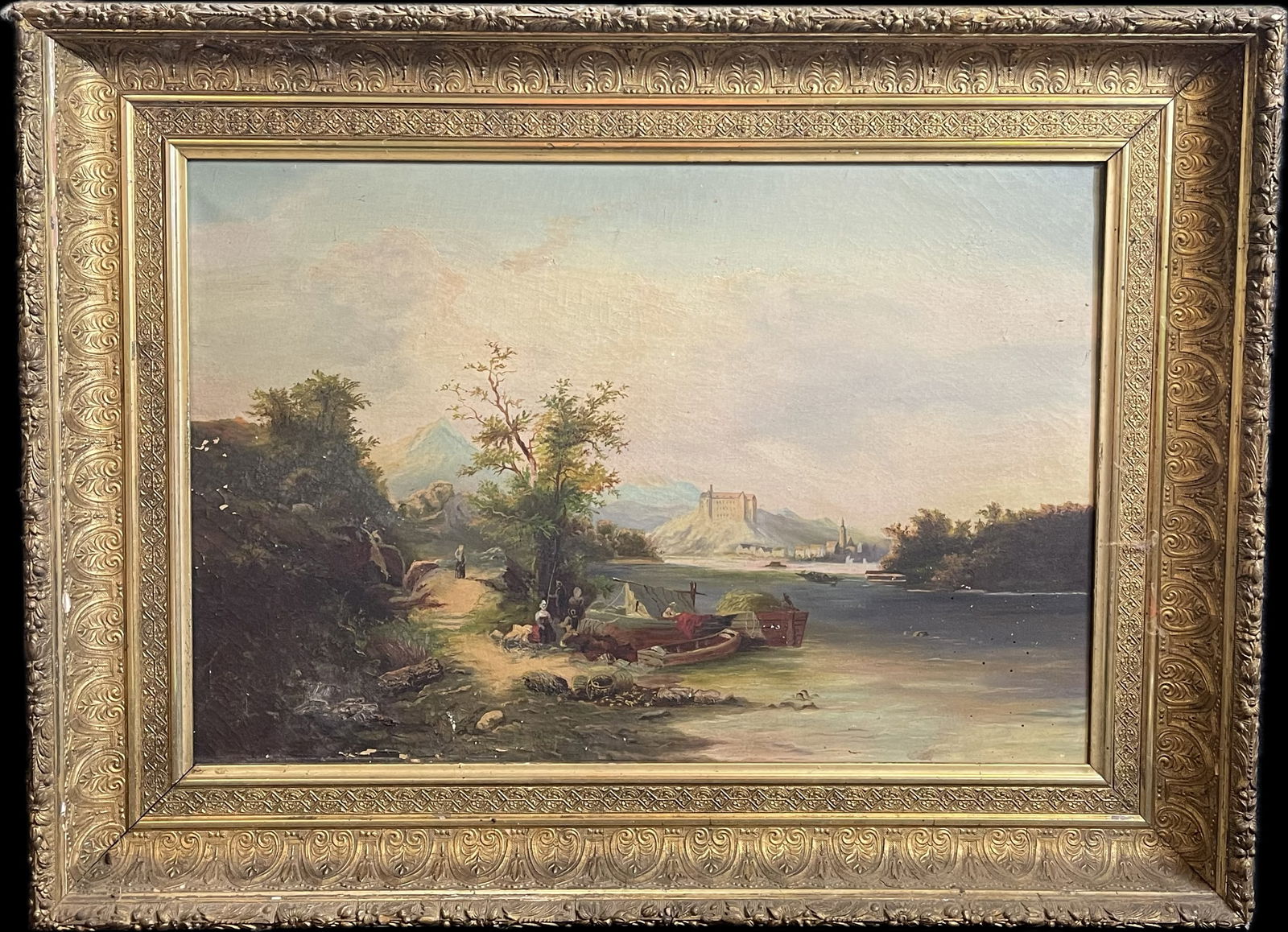 Antique Original 1800s Oil On Canvas Framed River Scene w/ Castle & Mountains (1 of 11)