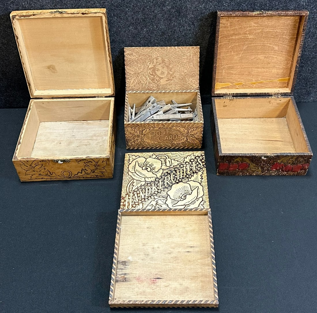 Lot 4 Early 1900s Pyrography Wooden Dresser Boxes Postcards & Handkerchiefs: Measures 7.5" x 7.5" x 3.5" - 7.25" x 7.25" x 3.5" - 6.5" x 4.25" x 3.25" - 6.75" X 6.75" x 1"