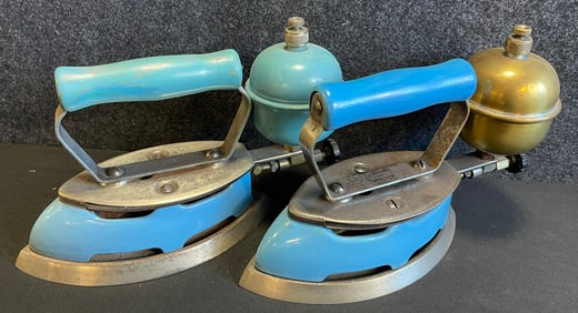 Pair Coleman Model 4A Blue Instant Lite Gas Iron Irons
