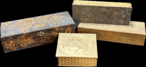 Lot 4 Early 1900s Pyorgraphy Wooden Dresses Boxes 2 Flemish