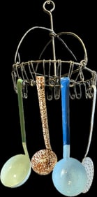 Primitive Folk Art Lot: 3 Enamel Ware Ladles, 1 Strainer & Hanging Iron Store Display