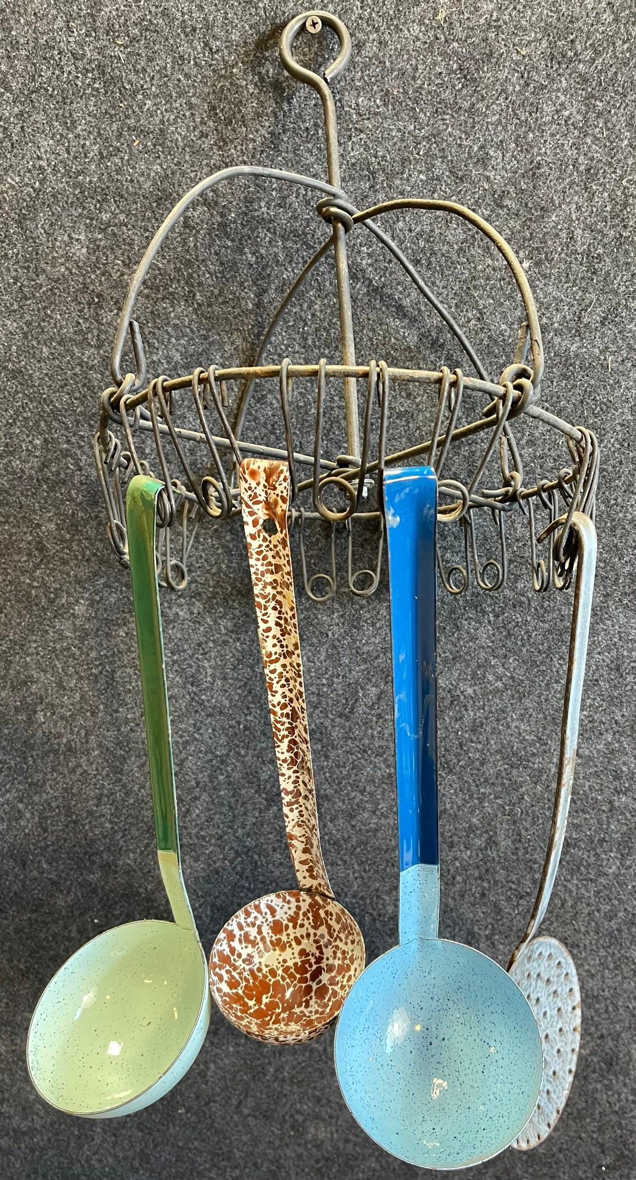 Primitive Folk Art Lot: 3 Enamel Ware Ladles, 1 Strainer & Hanging Iron Store Display (1 of 12)