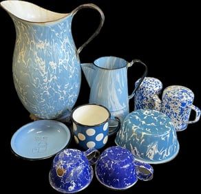 Antique 9 Piece Enamel Ware Lot: 2 Pitchers, 3 Cupbs, Bowl, Cream City Seamless Advertising & S&P