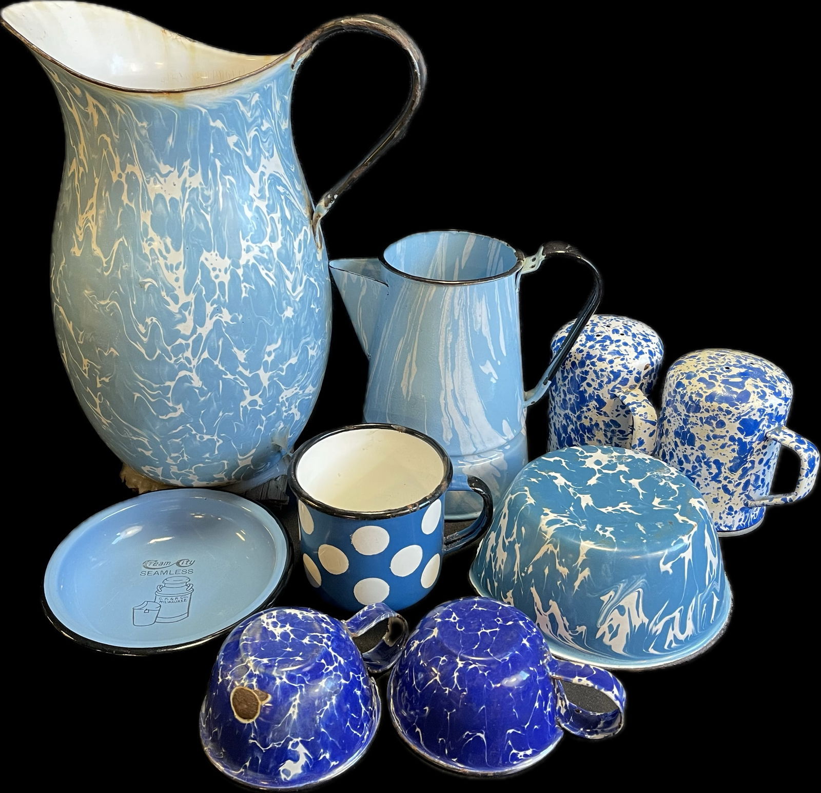 Antique 9 Piece Enamel Ware Lot: 2 Pitchers, 3 Cupbs, Bowl, Cream City Seamless Advertising & S&P (1 of 19)