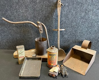Antique 8 Piece Folk Art Primitive Lot: Juicer, Wrough Ladle, 2 Tins, Amish Dolls & Scoop