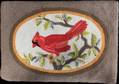 Antique Handmade Hooked Rug w/ Beautiful Red Cardinal Bird Ca. 1900s