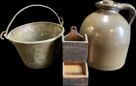 Antique Folk Art Lot 3 Primitives: 1 Gallon Jug, Marked NY&P Brooklyn Brass Pot & Cheesebox Match