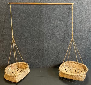 Antique Primitive 19th Century  Carrying Woven Baskets w/ Neck Bar