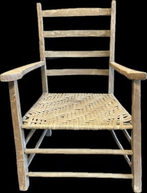 Pair Antique Primitive Wooden Ladderback Chairs Massive Oversized w/ Great Woven Seat