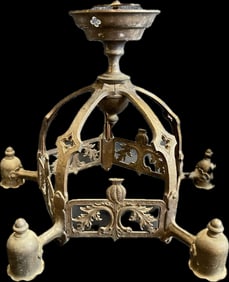 Antique Solid Brass Hanging 5 Lamp Chandelier w/ Decorative Thistle Design