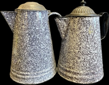 Pair Grey Blue Speckled Enamel Ware Coffee Pots