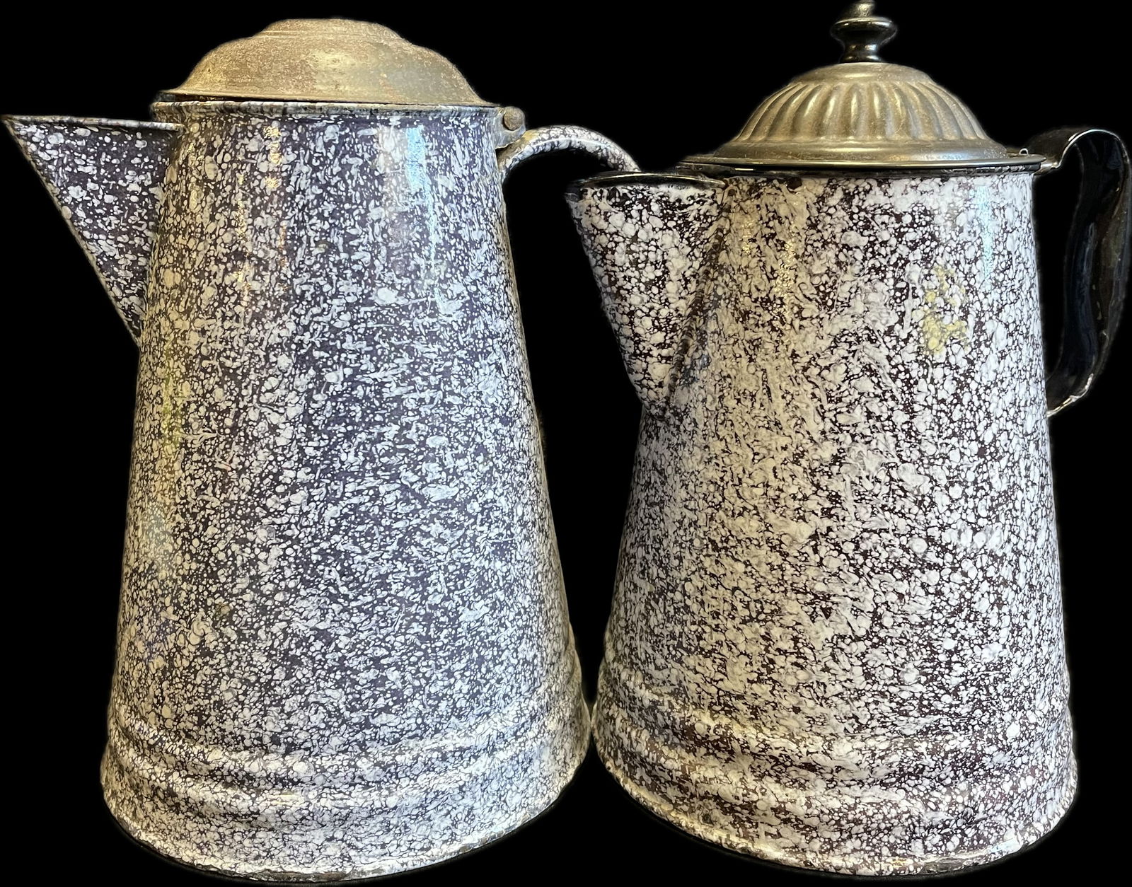 Pair Grey Blue Speckled Enamel Ware Coffee Pots (1 of 14)