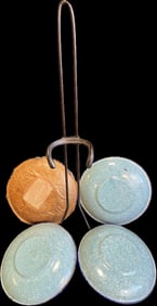 Antique Lot 4 NOS Turquoise Blue Pearl Agate Ware 6.25" Plates & Adjustable Hanging Plate Rack