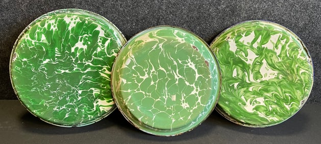Lot 3 Early 1900s Green Enamel Ware Cake Pie Pans