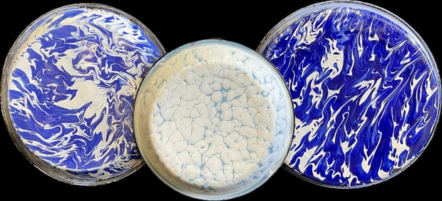 Lot 3 Early Granite Ware Enamel Blue & White Cake Pie Pans